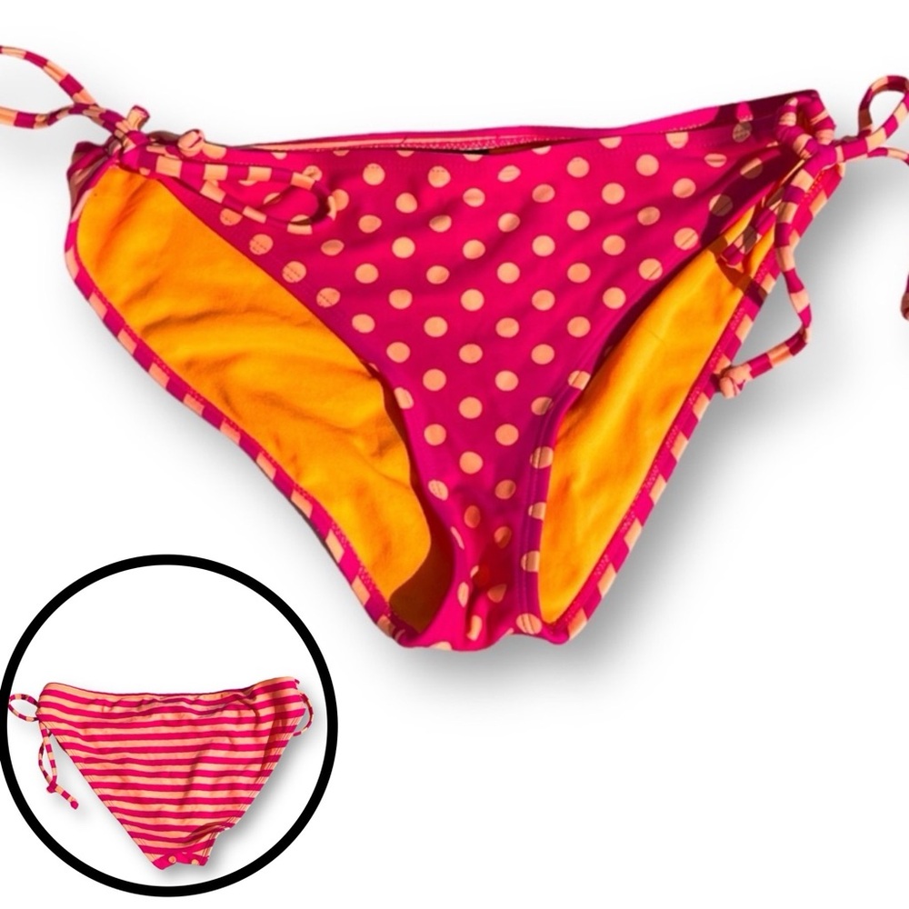 Joe Boxer Side Tie Bikini Bottoms, Large(Jr), Pink & Orange Polka Dots & Stripes